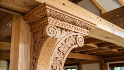 Fototapeta premium Close up of a beautifully crafted wooden bracket that supports the beam above showcasing the skillful carvings that reflect an artisanal approach. The natural finish adds warmth to