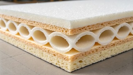 Closeup details of the foams crosssection revealing layers that depict its acoustic properties and thickness. The inner structure with its layered density suggests its