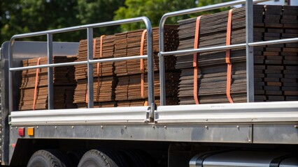 Naklejka premium Closeup of a flatbed trucks edge showcasing the gleaming metal railings contrasting against the rough bundles of shingles each tightly bound and ready for transport their rough