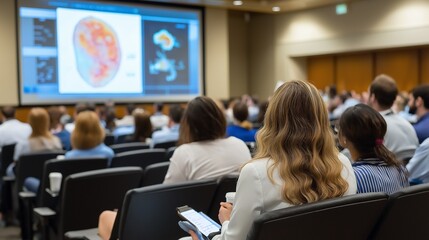 Fototapeta premium medical conference with rows of professionals listening to a keynote speaker