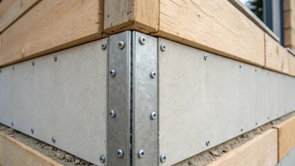 Closeup of a corner where two cement backer board panels meet showing the careful alignment and the use of screws punctuating the surface emphasizing the structural integrity being