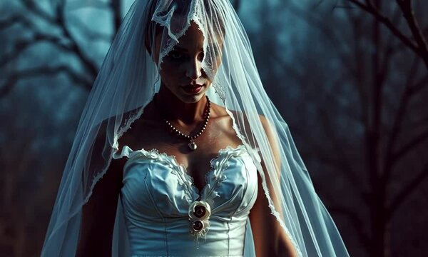 Halloween killer in a tattered bride's gown with their face hidden by a veil, showcasing horror and eerie artistic design