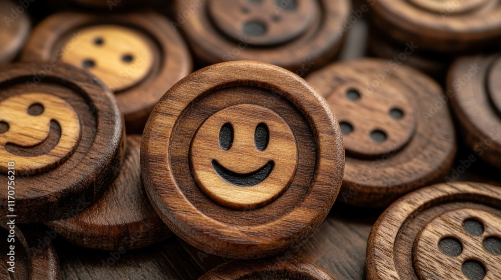 Poster whimsical wooden tokens with smiley faces and unique patterns offer a playful touch to any tabletop 