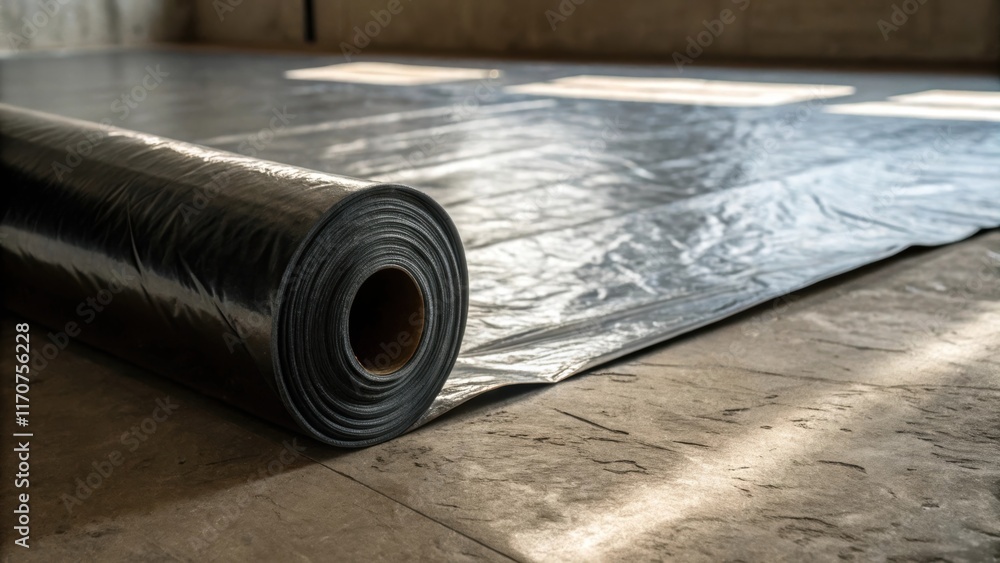 Poster Closeup of a portion of a vapor barrier roll unrolled partially on the floor its glossy surface accentuating the intricate folds that create shadow patterns against the rugged