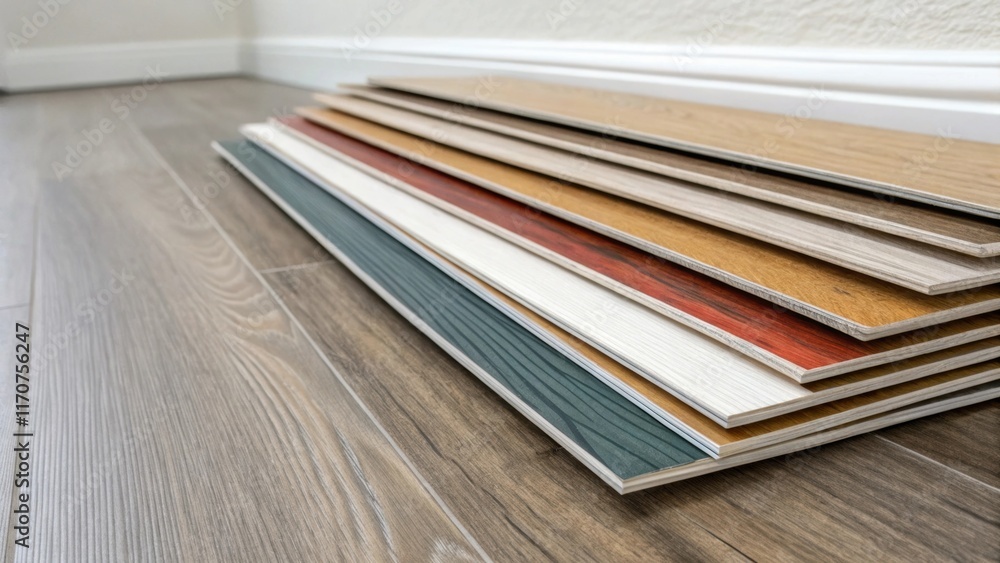 Poster closeup of a stack of laminated vinyl flooring planks leaning against a wall their edges pristine an