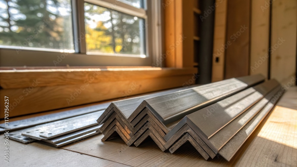 Poster Closeup of a sunlit workspace showcases a pile of sy corner pieces their sharp angles highlighted by the natural light filtering through the window. The textured metal contrasts