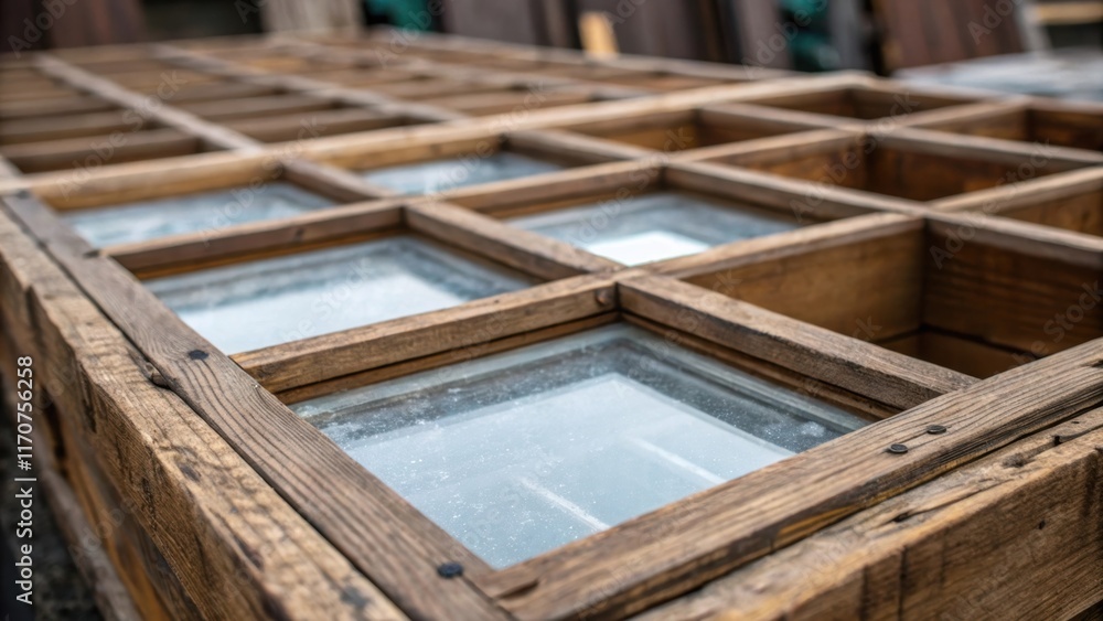 Aufkleber Closeup of a weathered shipping crate filled with doubleglazed window panes each surrounded by wooden dividers that provide both structure and style. The wood fibers are rich and