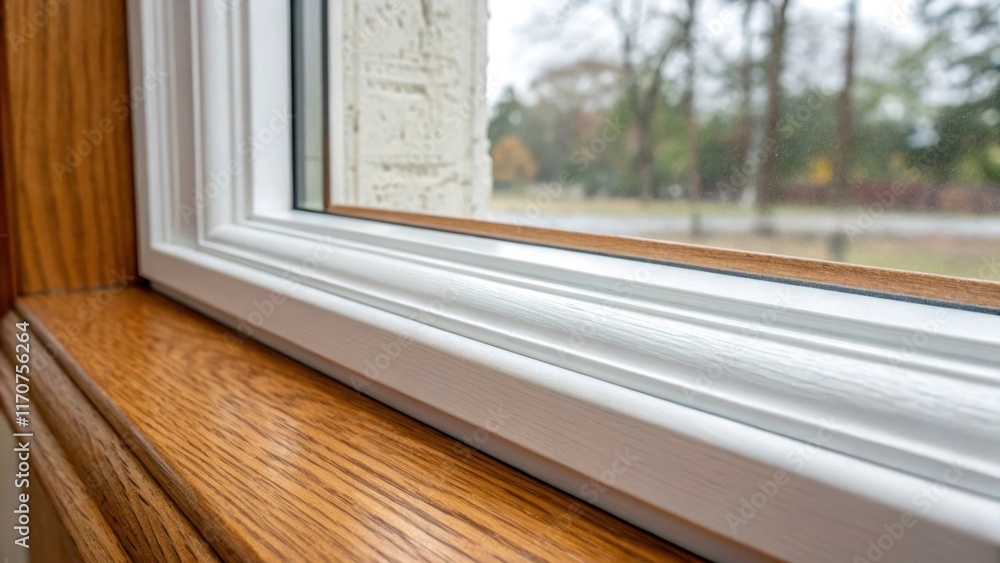 Aufkleber Closeup of a window frame with freshly installed weather stripping snugly fitted alongside the wood. The texture of the stripping contrasts with the smooth finish of the freshly