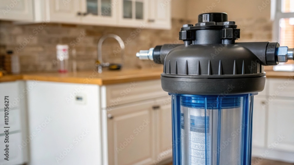 Poster Closeup of a water filter housing with an intricate valve system showcasing its streamlined contours and transparent inspection windows. Behind it a blurred backdrop reveals a