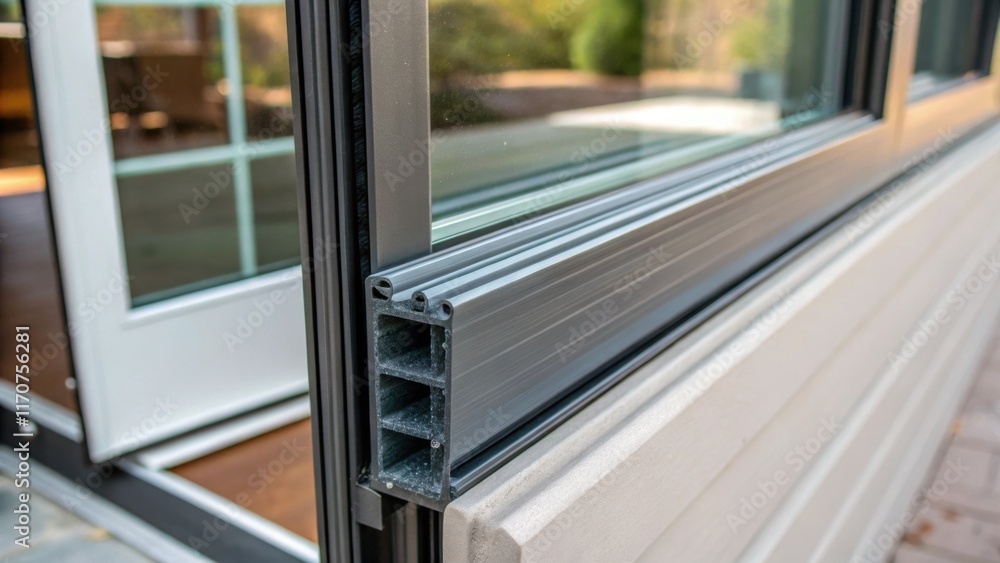Poster closeup of a storm door panel slightly ajar revealing the layered structure of insulation and glass.