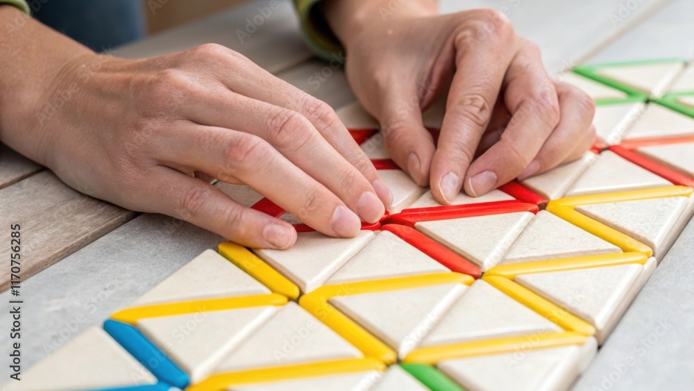 Poster closeup of hands delicately placing a series of brightly colored pre tile spacers in a geometric pat