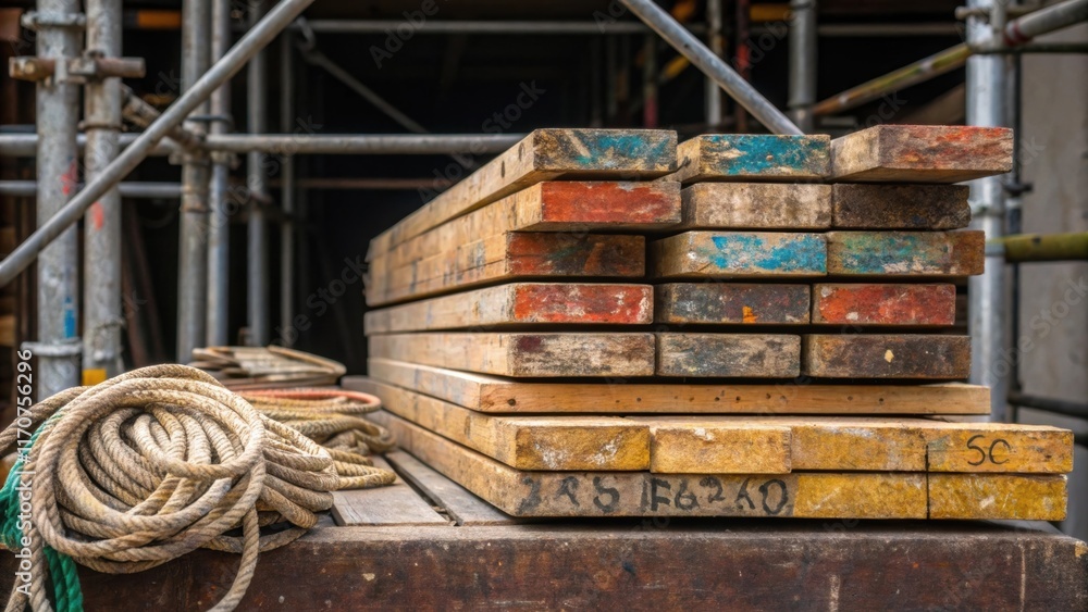Aufkleber Closeup of roughhewn wooden boards stacked in a chaotic fashion on the scaffolding some splattered with paint and others dusted with sawdust. Nearby a tangle of ropes and tools