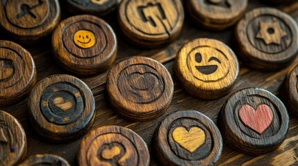 Wooden tokens featuring cheerful icons and symbols on a rustic table evoke positive emotions and playful creativity. Generative AI