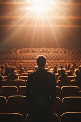A man stands in a theater with a crowd of people watching him