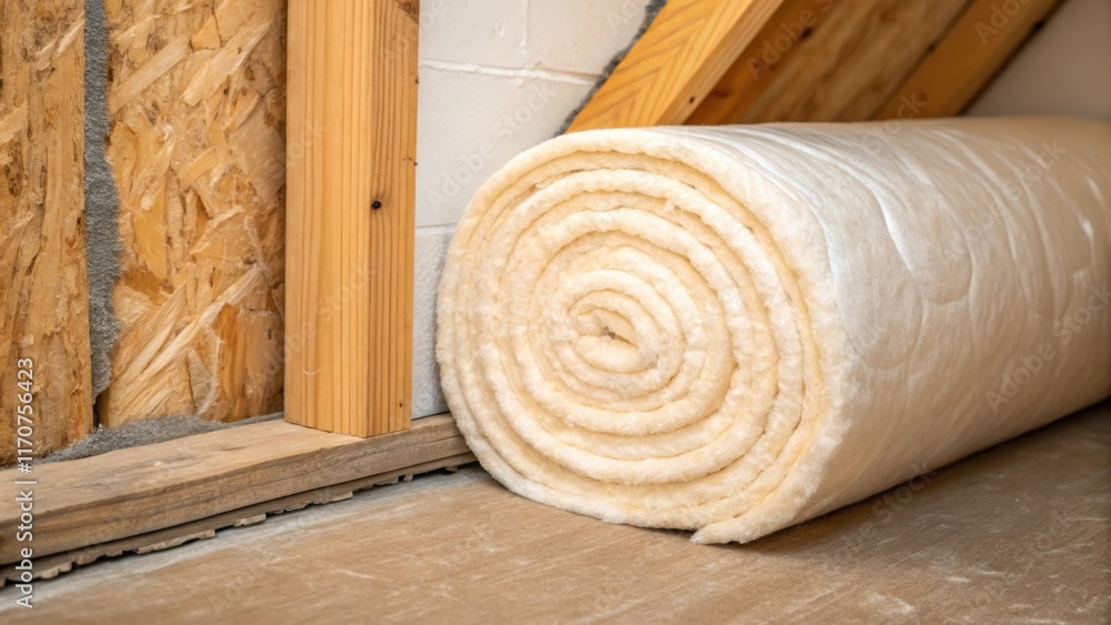 Poster Closeup on a roll of insulation nestled in a corner partially rolled out and positioned against a wall. The plushness of the material invites touch while the crisp edges contrast