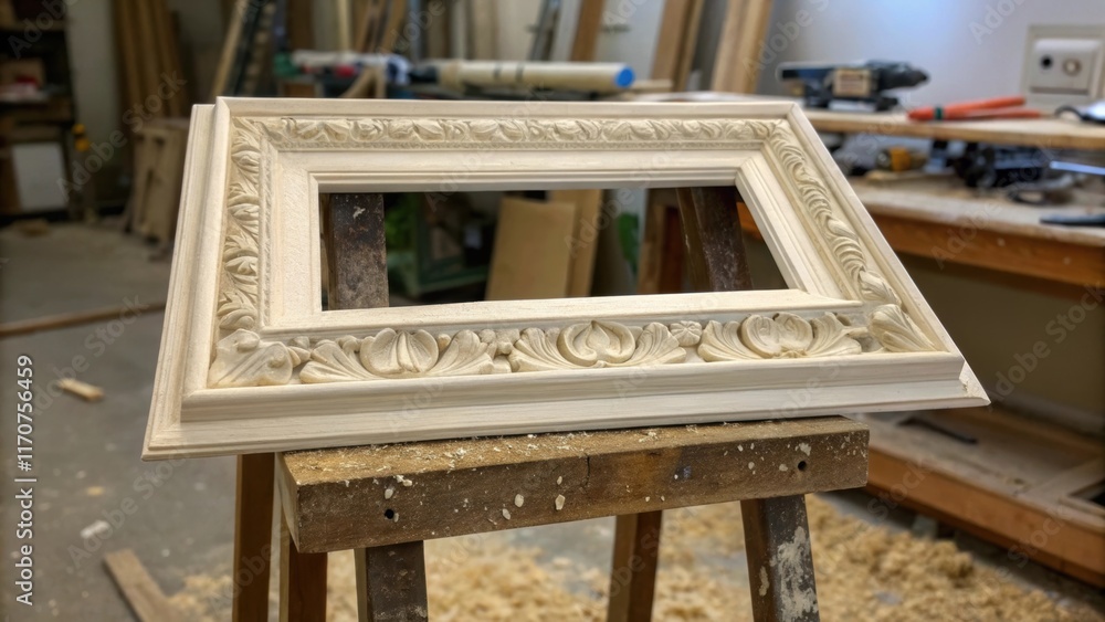 Aufkleber Closeup view of a window frame with intricate molding details resting on a pair of rugged saw horses. In the background a blur of tools and sanding materials hints at the