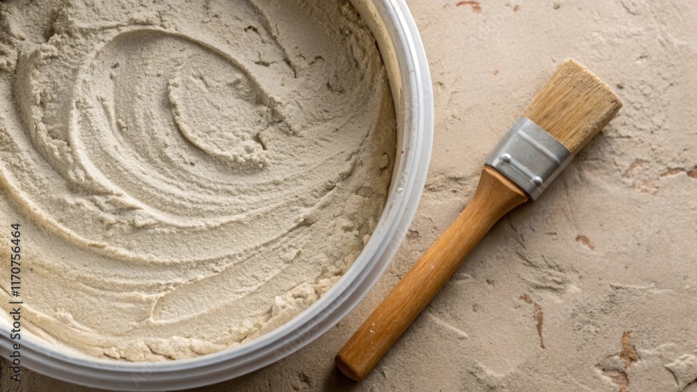 Poster Closeup on the surface of freshly mixed stucco showcasing its co grains and subtle variations in color with a wooden applicator propped beside the container hinting at the
