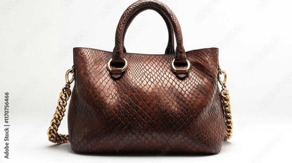 Poster elegant brown leather handbag with intricate embossed pattern and chain strap for stylish occasions.