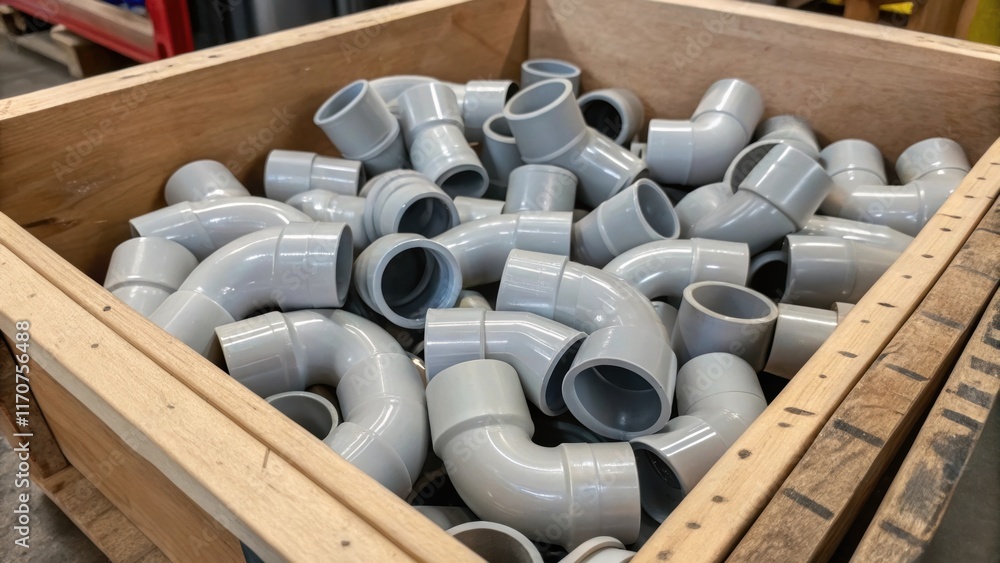 Aufkleber Closeup view of a bin filled with assorted PVC pipe fittings emphasizing the intricate curves of the elbows as they interlock with the straight couplers. The contrast between the