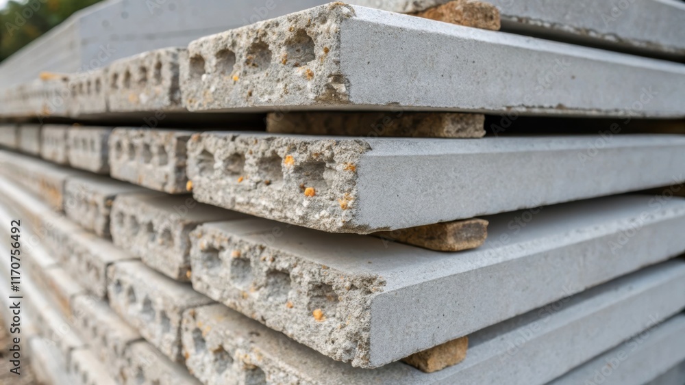 Aufkleber Closeup view of a stack of precast concrete wall segments revealing the rough unfinished edges where theyve been . Small patches of aggregate are visible within the concrete