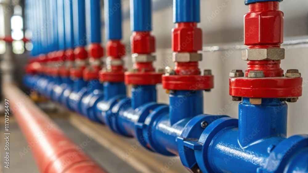Leinwandbilder closeup view of vibrant blue and red predrilled plumbing manifolds with gleaming fittings visible hi