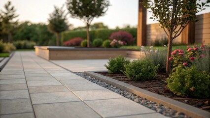 Obraz premium Corner view of the patio bordered by subtle landscaping elements such as small shrubs and flowering plants peeking through the edges of the pavers illustrating the blend of