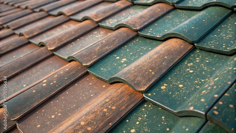 Aufkleber Closeup view of the intricate patterns on the surface of the prepainted roof tiles showcasing a blend of rustic and modern influences. Copper hues intertwine with deep greens and