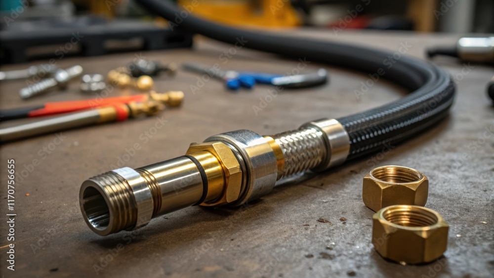 Poster Detailed view of a highpressure hose connection glistening metallic fittings caught in the light surrounded by an array of tools and parts tered across a workbench emphasizing the