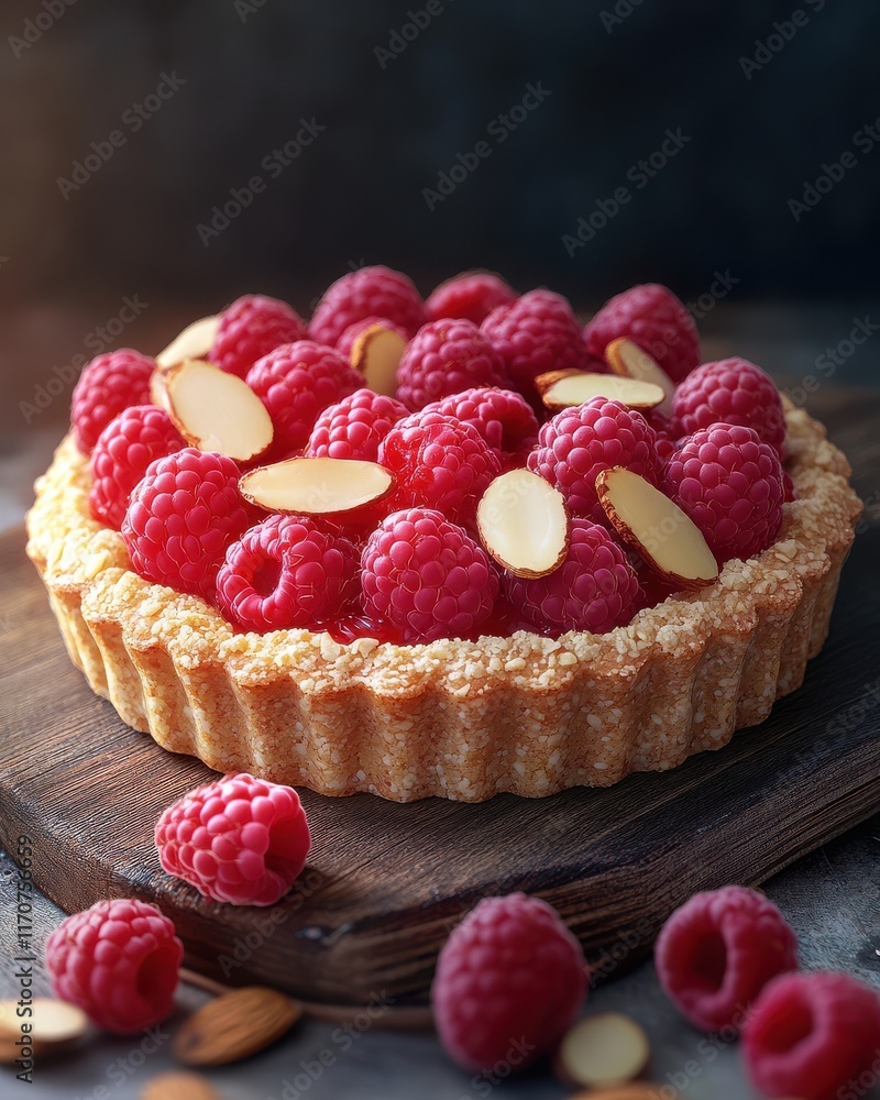 Poster delicious raspberry tart topped with sliced almonds on a rustic wooden board, creating a cozy, invit