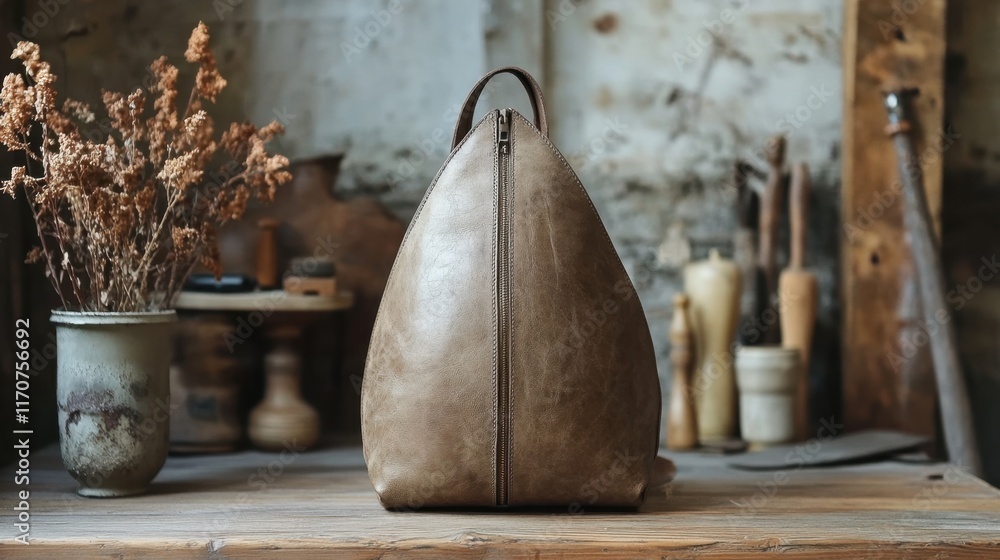 Poster unique leather bag displayed gracefully in a rustic workshop with natural elements and tools around 