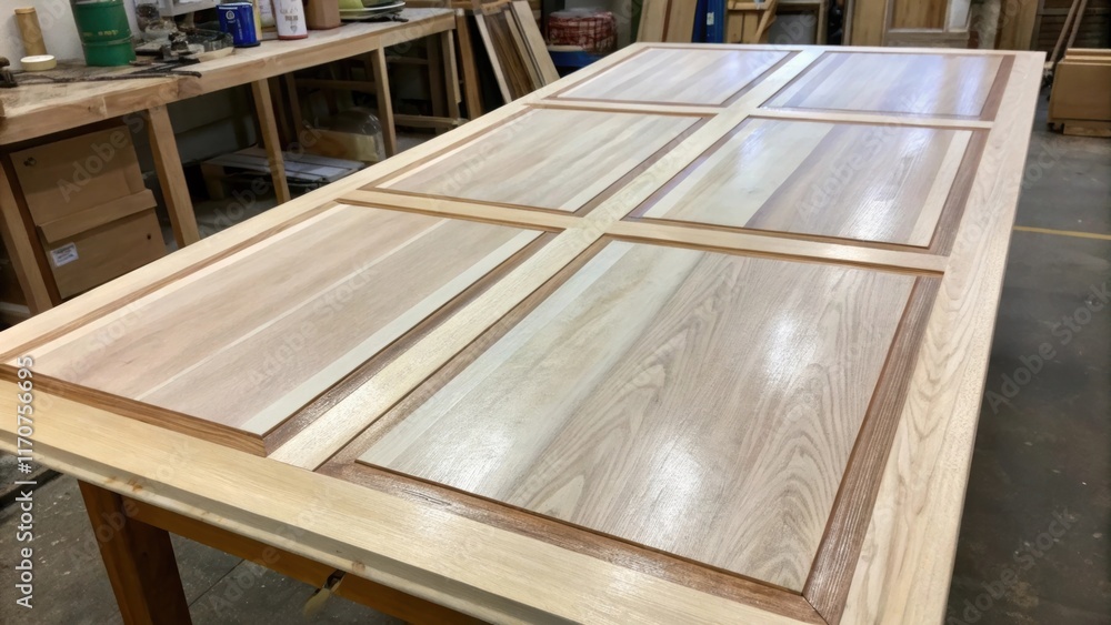 Poster Each panel features a faint sheen that hints at a protective coating creating a visually striking contrast with the raw unfinished wood of the workshop table below. This