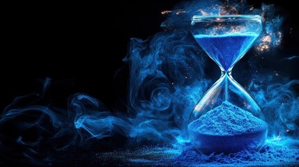 An hourglass filled with vibrant blue powder, with wisps of smoke swirling around it, creating a surreal and mystical atmosphere