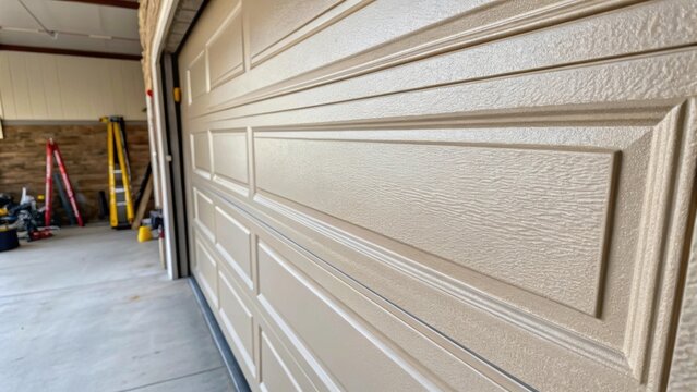 Featuring a closeup of a single insulated garage door panel the image highlights the smooth durable exterior designed to withstand the elements. The grain of the material is
