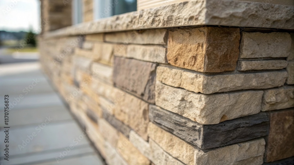 Poster focusing on a corner of the stone veneer wall the detailed view reveals the rough edges of the stone