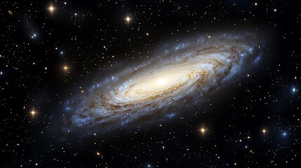 A spiral galaxy with a bright blue center and a dark blue background