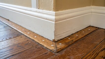 Focusing on a corner of a renovated room this closeup highlights the contrasting textures where new subfloor patches meet worn original flooring. Tiny screw holes dot the surface