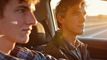 Father teaching son to drive car at sunset, both focused and sharing moment of connection in warm light. - Powered by Adobe