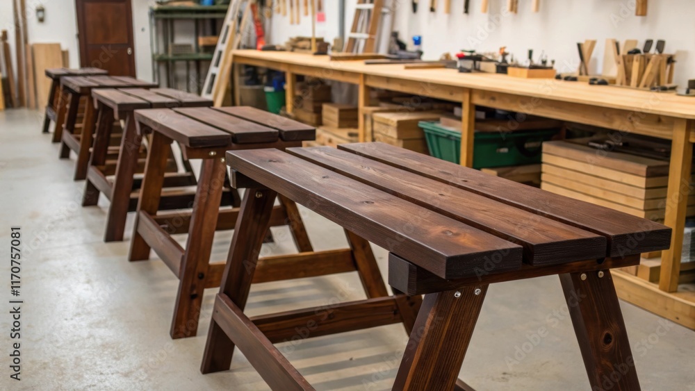 Poster in a serene workshop setting neatly arranged sawhorses hold freshly stained wooden planks. the rich 