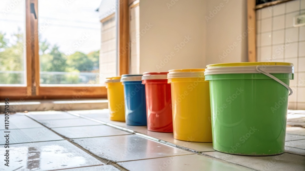 Poster in a softfocus background several vibrant tubs of tile grout stand poised on a newly cleaned surface