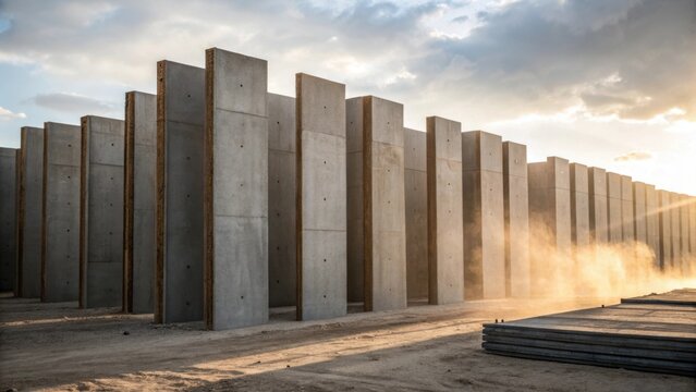 In the heart of the construction yard a dynamic arrangement of precast concrete walls stands upright leaning slightly against one another. The sunlight enhances their surface