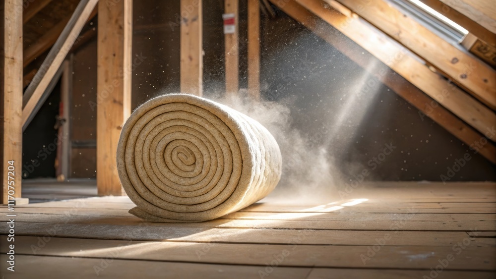 Aufkleber in this image the rolled insulation is positioned on a wooden floor surrounded by various constructi