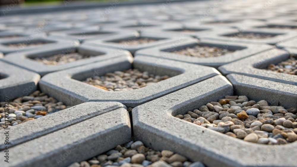 Poster macro shot focusing on the interlocking design of the concrete pavers revealing intricate detailing 