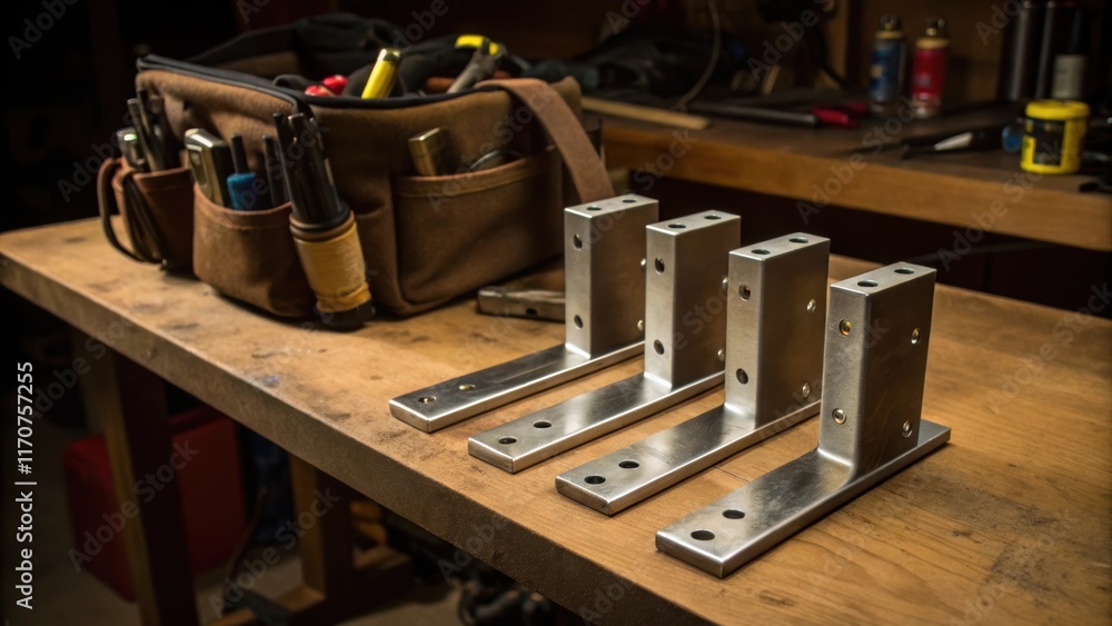Poster side view of polished steel brackets arranged in a functional layout on a wooden workbench accompani