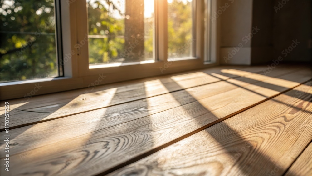 Poster Showcasing the radiant play of sunlight filtering through a nearby window this closeup features the shadows cast by the textured surface of engineered wood planks creating an