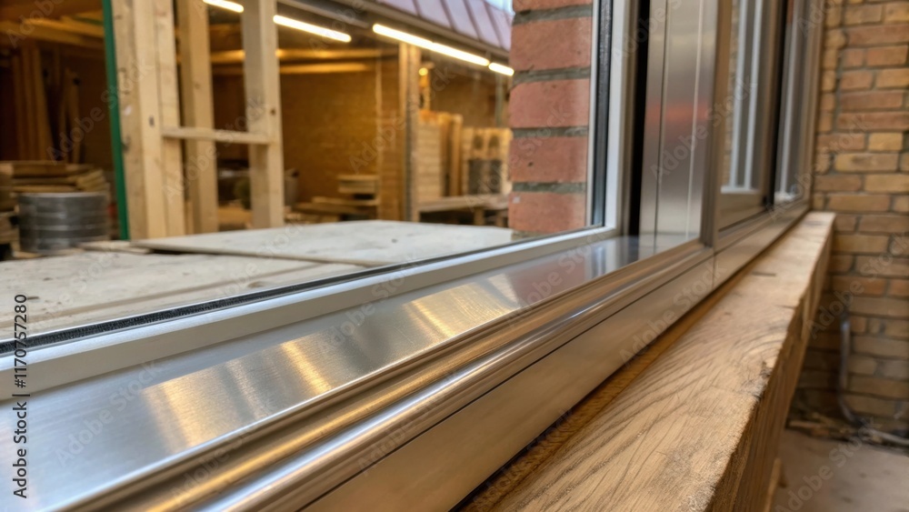 Poster reflection of soft interior lighting in the polished surface of a newly manufactured aluminum window