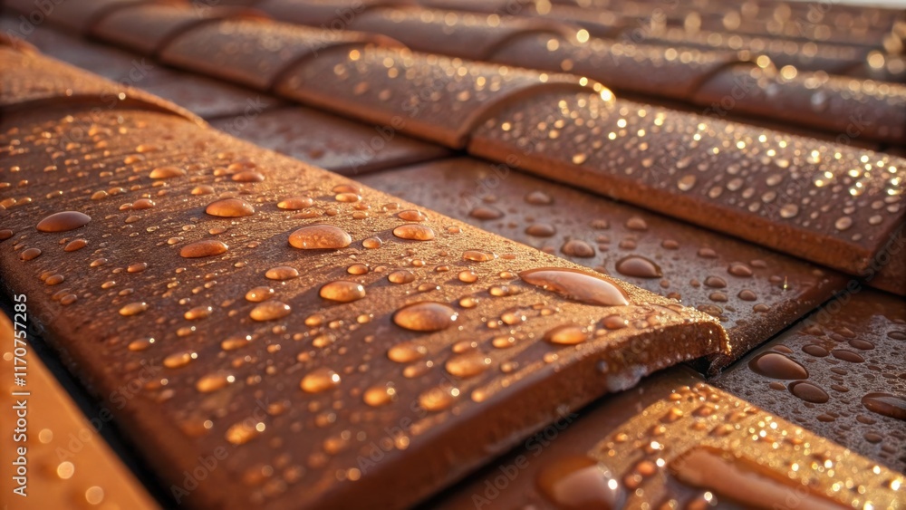 Poster raindrops bead on the surface of the clay tiles glistening in the early morning light. the texture o