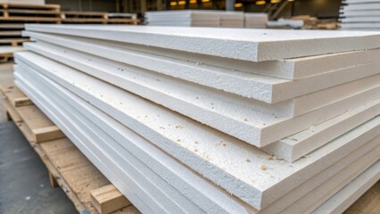 Layering Effect An artistic shot focusing on the layering of rigid foam insulation panels stacked at different angles. The overlapping edges create dynamic shapes while small