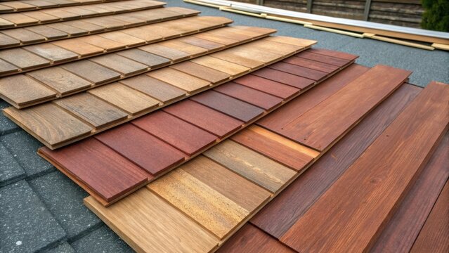 Laid out on a textured surface an array of roof decking materials overlaps slightly allowing for a glimpse of their cumulative thickness. Rich hues of mahogany and cedar are