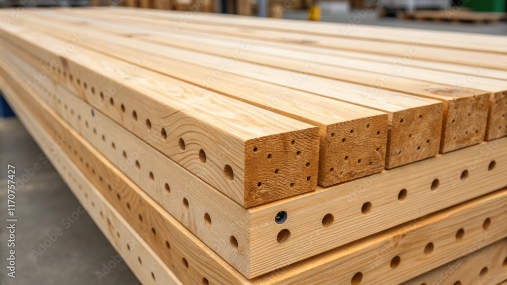 Aufkleber the camera zooms in on a section of laminated timber highlighting the crisp edges of the predrilled 