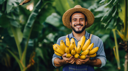 Happy Latino farmer in wide-brimmed straw hat and denim overalls carrying bunch of ripe bananas,...